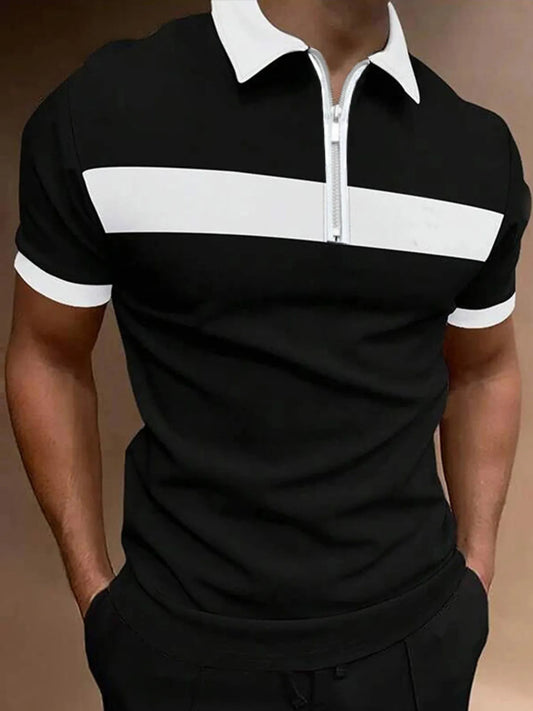 Men's Casual Color Block Zipper Polo Shirt - Burgundy