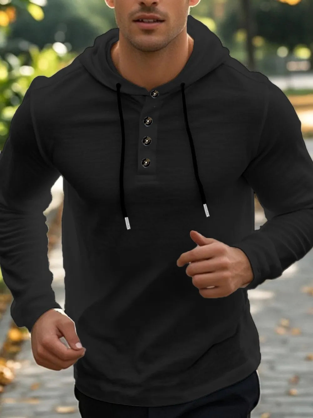 Men's Full Size Drawstring Button Detail Long Sleeve Hoodie Plus Size - DCDesigns mens casual hoodie product view