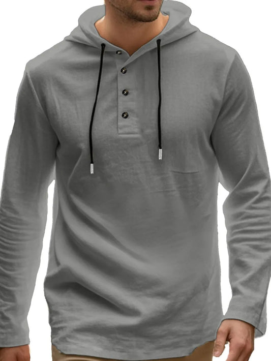 Men's Full Size Drawstring Button Detail Long Sleeve Hoodie Plus Size - DCDesigns mens casual hoodie product view
