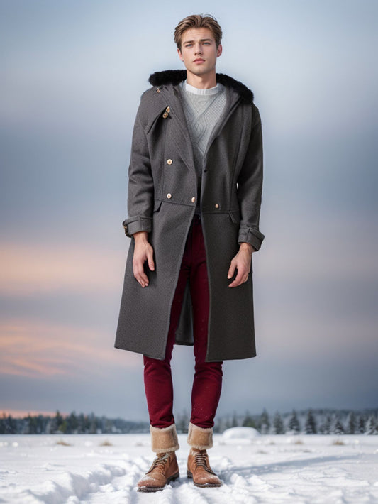 Men's Winter-Ready Slim-Fit Long Lapel Trench Coat with Plush Collar & Belt - Double-Breasted Notched Jacket, Golden-Tone Buttons, Heavy-Duty Cold Weather Outerwear for Formal & Casual (Maroon/Black) - Hand Wash/Dry Clean, Co