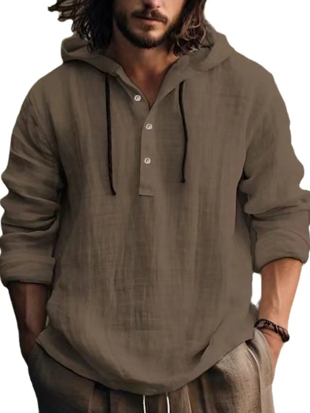 Men's Full Size Half Button Long Sleeve Hoodie - DCDesigns mens casual hoodie product view