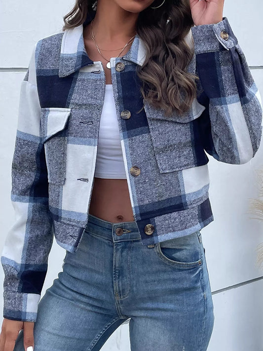Women’s plaid cropped button-front jacket by Poncette
