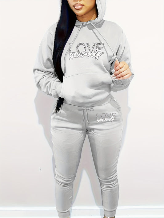 Women's Polyester Two-Piece Tracksuit - Hooded Long Sleeve Alphabet Print Hoodie and Pants Set with Pockets - Casual Knit Fabric - Autumn/Winter Outfit - For Women - Perfect for Casual Wear, Loungewear, and Running Errands -