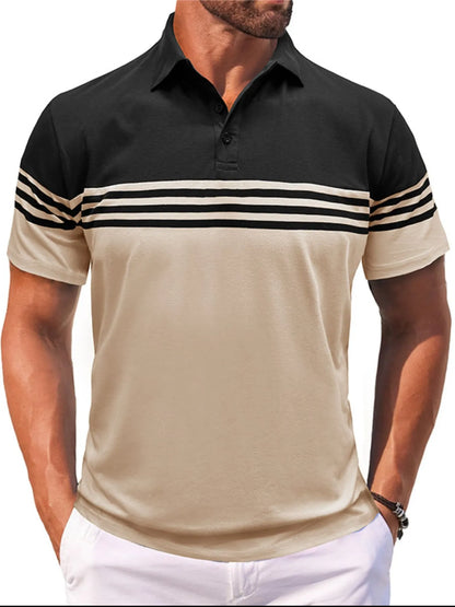 Men's Color Block Striped Polo Shirt - Navy