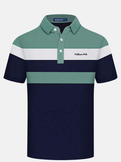 Men's Color Block Striped Short Sleeve Polo Shirt - Burgundy