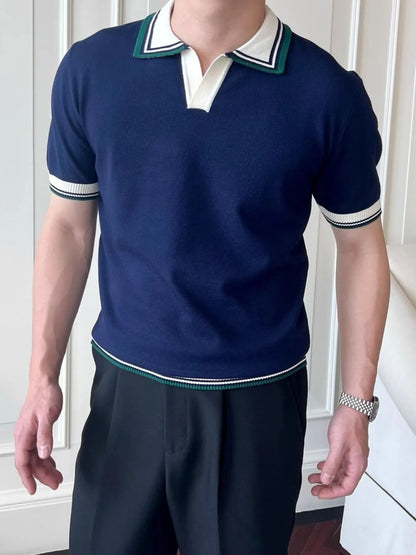 Men's Classic Striped Collar Knit Polo Shirt - Royal Blue
