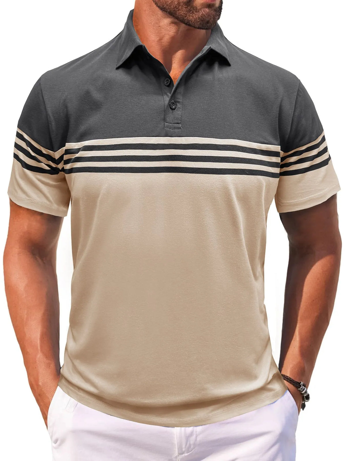 Men's Color Block Striped Polo Shirt - Navy
