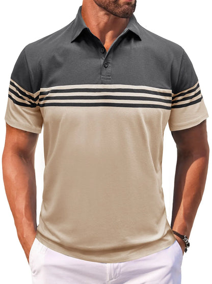Men's Color Block Striped Polo Shirt - Navy
