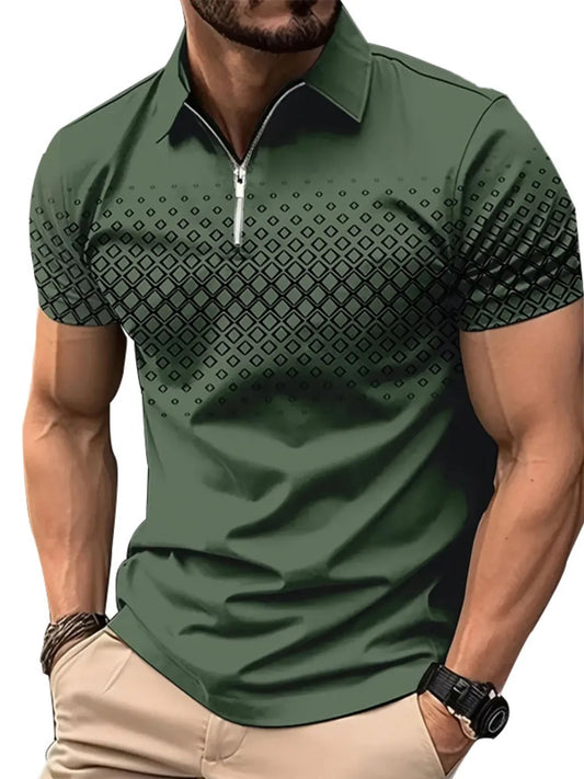 Men's Diamond Print Short Sleeve Polo Shirt - Army Green