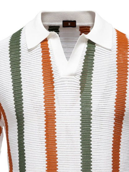 Men's Collared Neck Striped Knit Polo Shirt - White