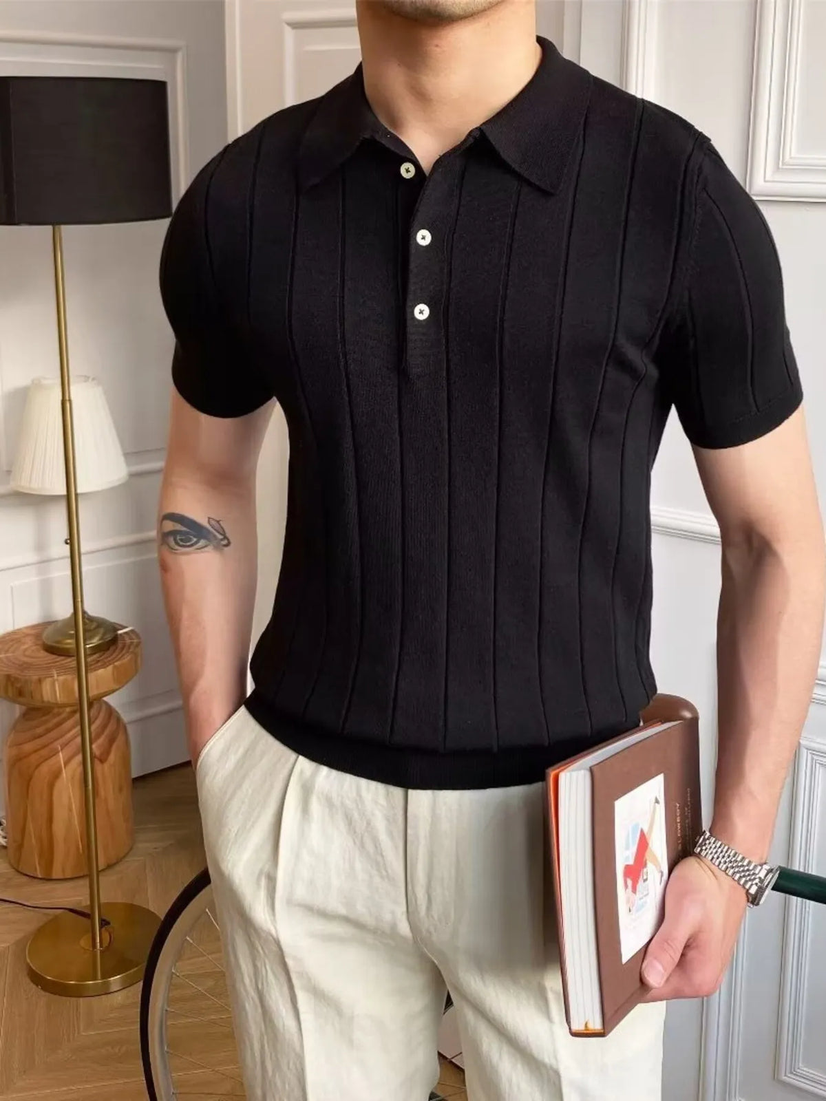 Men's Slim Fit Knitted Polo Shirt - Black