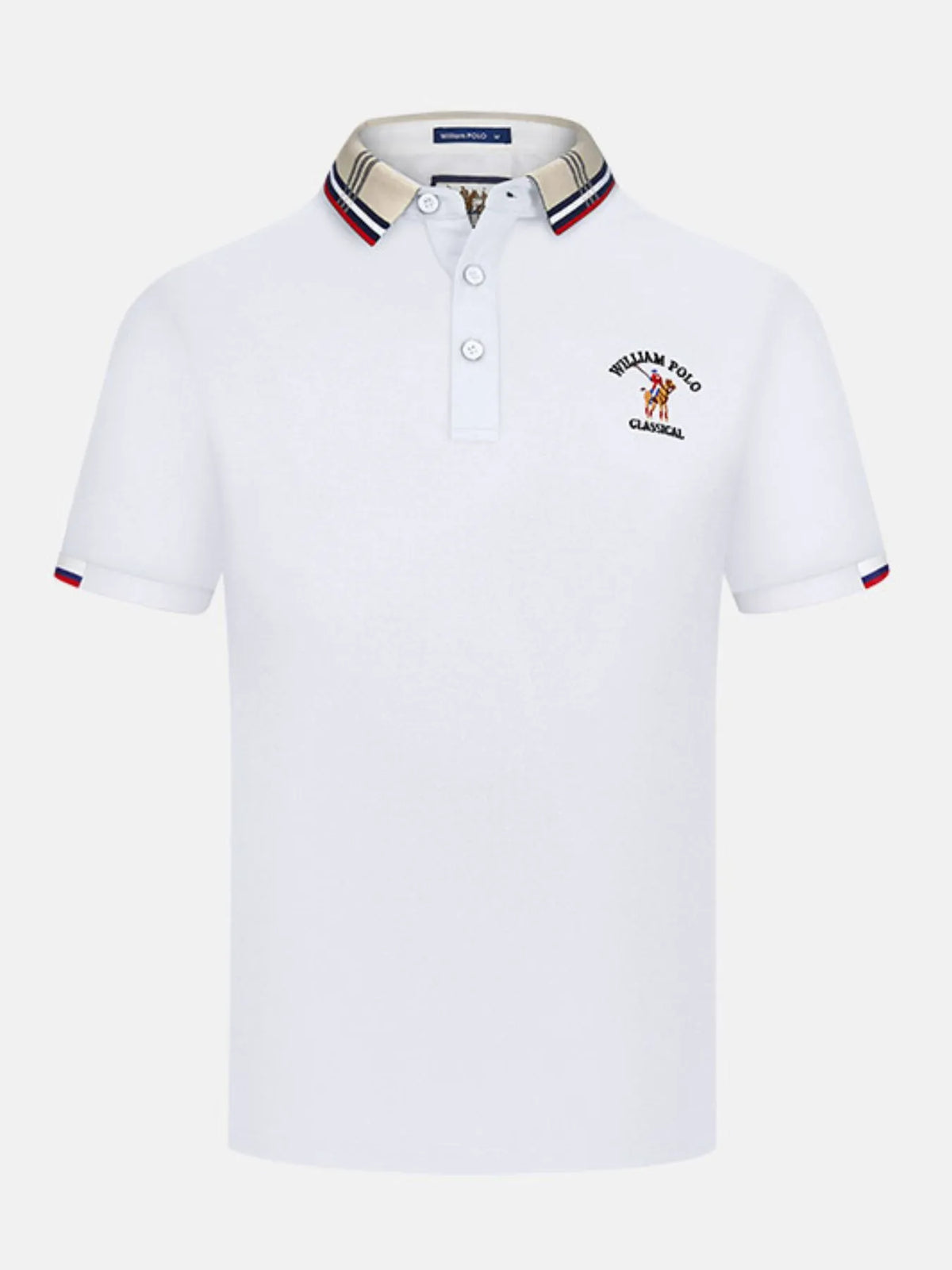 Men's Striped Collared Short Sleeve Embroidered Polo Shirt - White