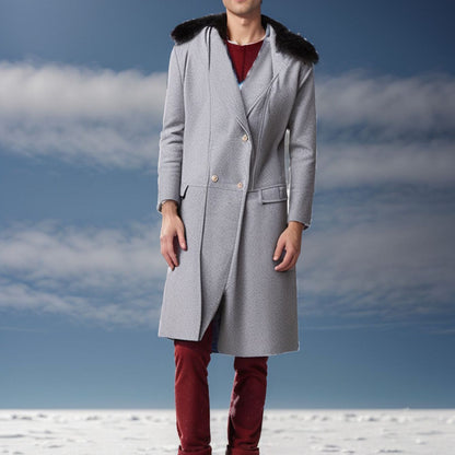 Men's Winter-Ready Slim-Fit Long Lapel Trench Coat with Plush Collar & Belt - Double-Breasted Notched Jacket, Golden-Tone Buttons, Heavy-Duty Cold Weather Outerwear for Formal & Casual (Maroon/Black) - Hand Wash/Dry Clean, Co