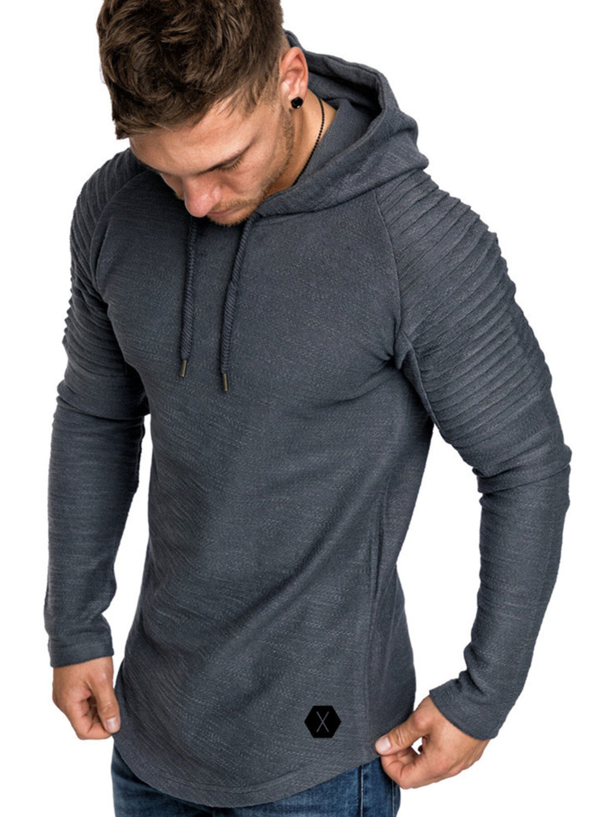 Men's Plus Size Slim Fit Ribbed Hoodie with Drawstring - DCDesigns mens casual hoodie product view