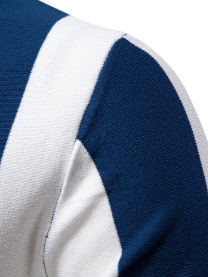 Men's Classic Striped Zip Collar Polo Shirt - Peacock  Blue