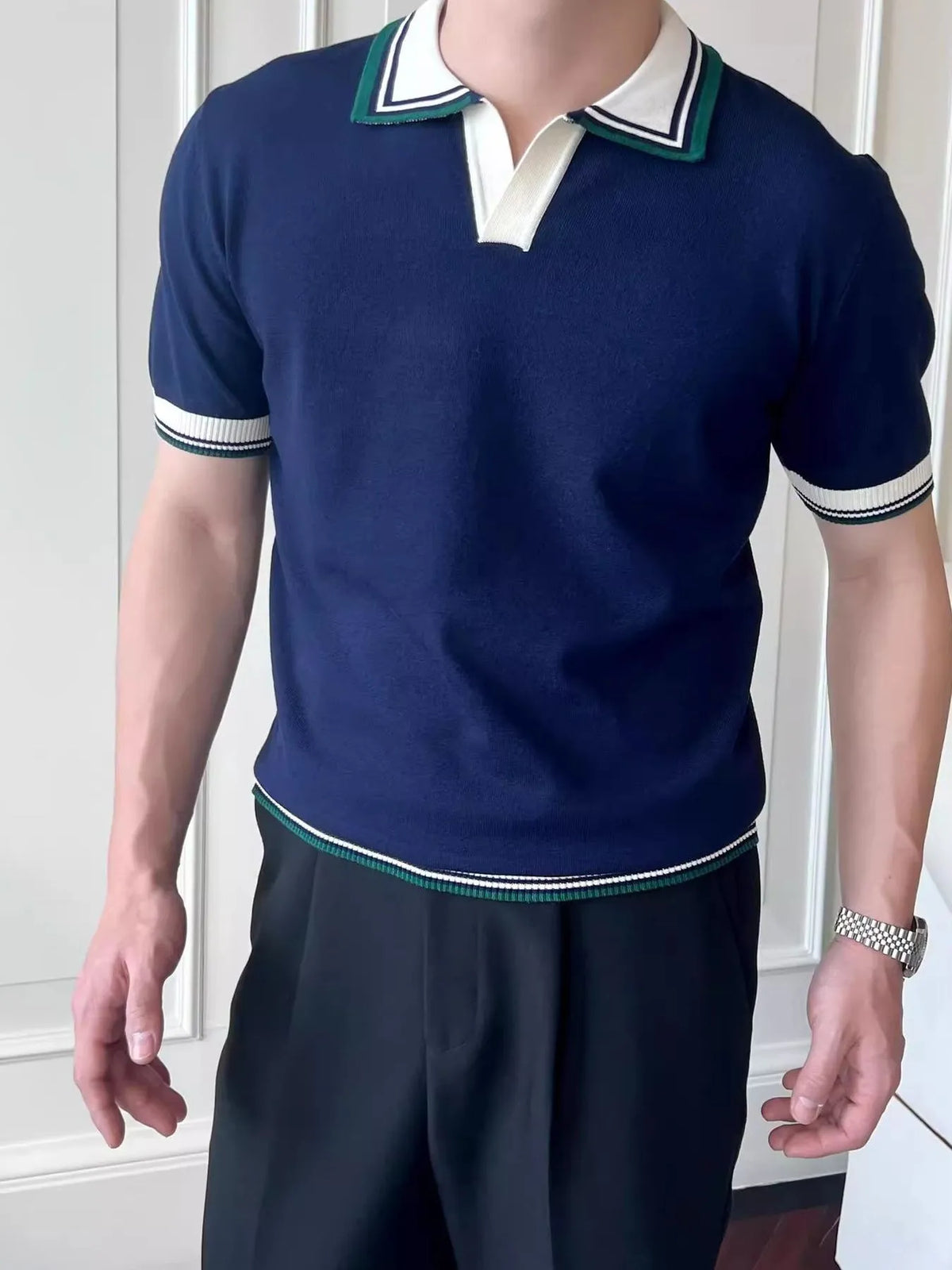 Men's Classic Striped Collar Knit Polo Shirt - Royal Blue