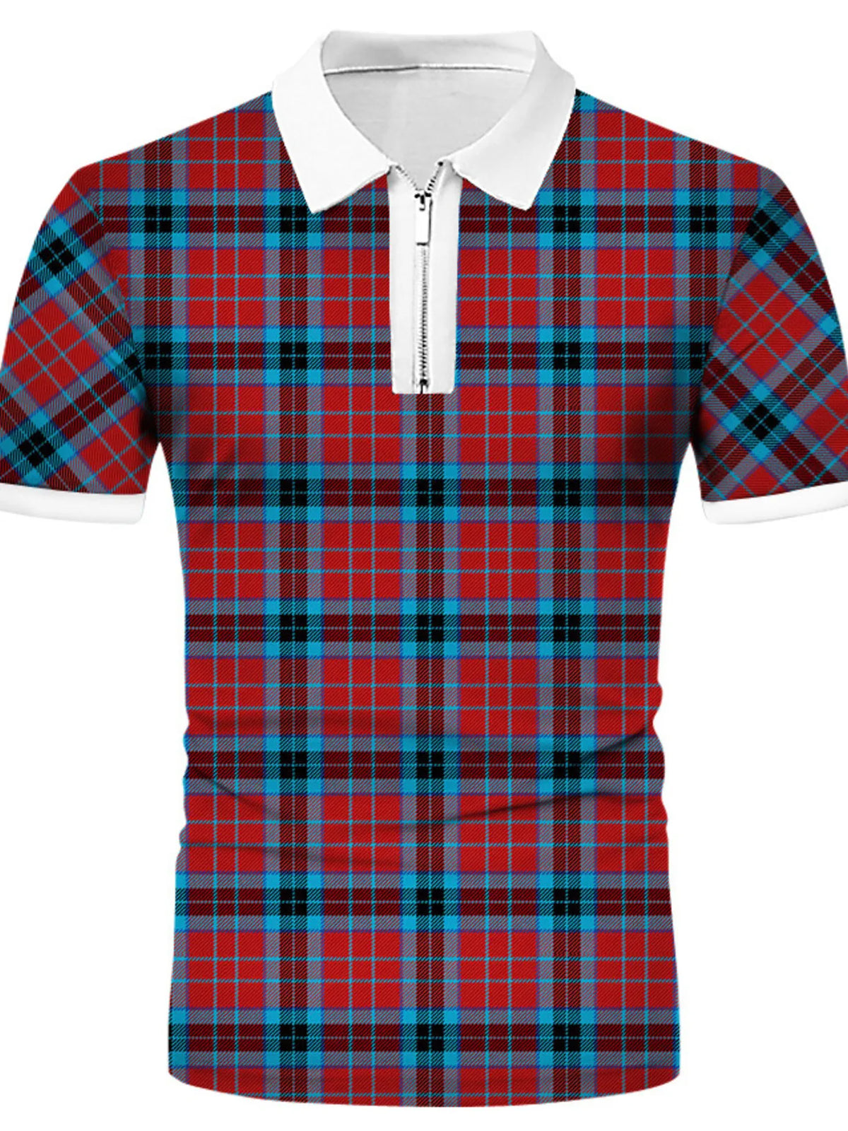 Men's Plaid Quarter Zip Short Sleeve Polo Shirt - Light Blue