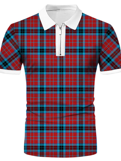 Men's Plaid Quarter Zip Short Sleeve Polo Shirt - Light Blue