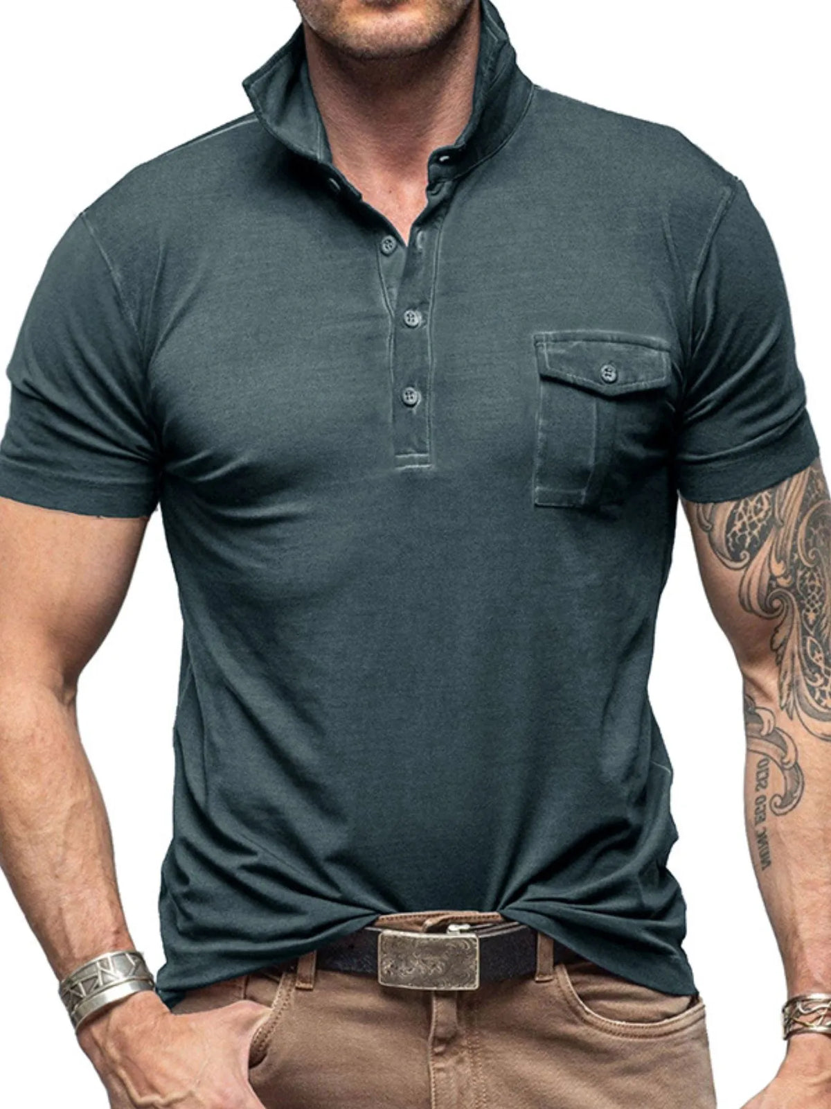 Men's Classic Pocket Polo Shirt with Stand Collar - White
