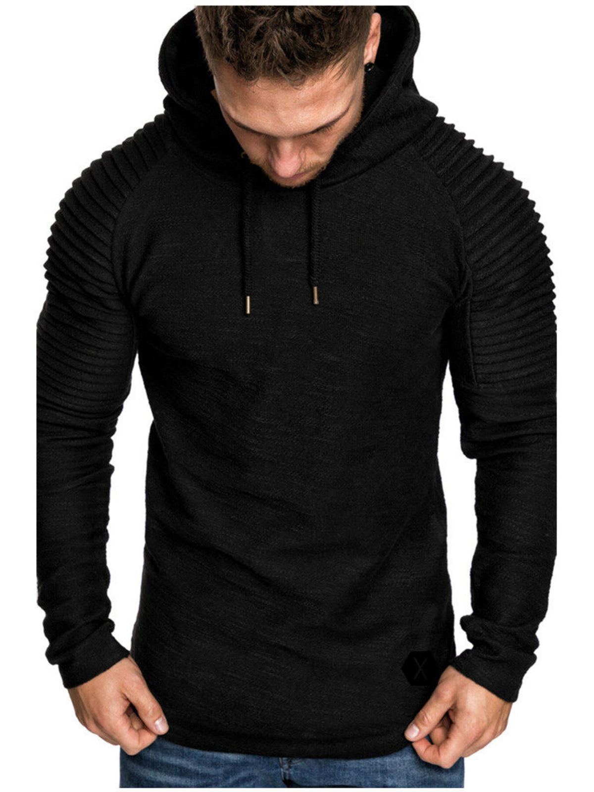 Men's Plus Size Slim Fit Ribbed Hoodie with Drawstring - DCDesigns mens casual hoodie product view