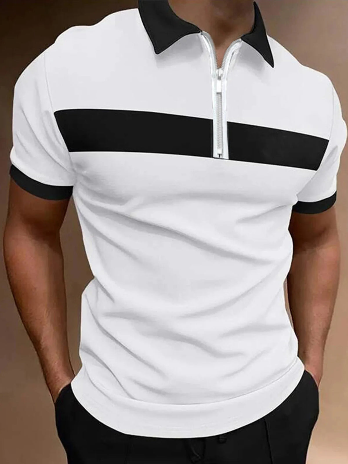 Men's Casual Color Block Zipper Polo Shirt - Burgundy