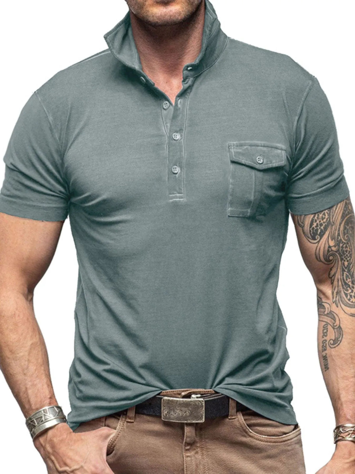 Men's Classic Pocket Polo Shirt with Stand Collar - White