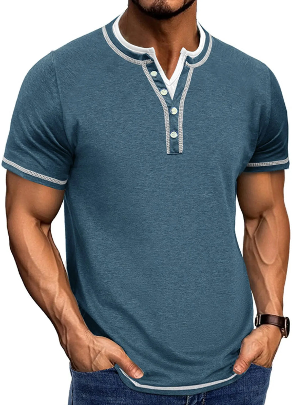 Men's Casual Henley Polo Shirt with Contrast Trim - Dark Gray