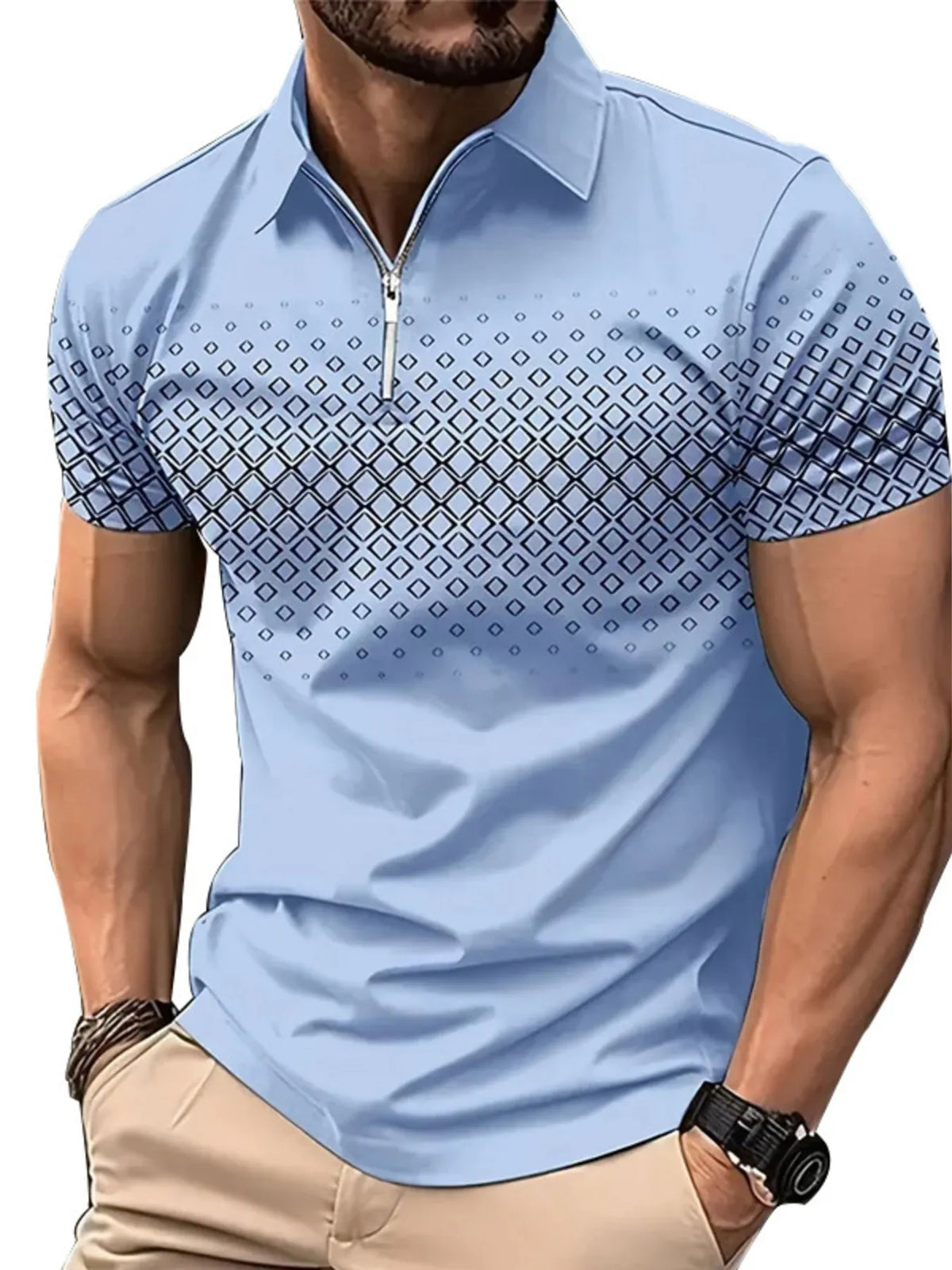 Men's Diamond Print Short Sleeve Polo Shirt - Army Green