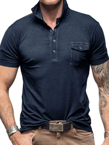 Men's Classic Pocket Polo Shirt with Stand Collar - Navy