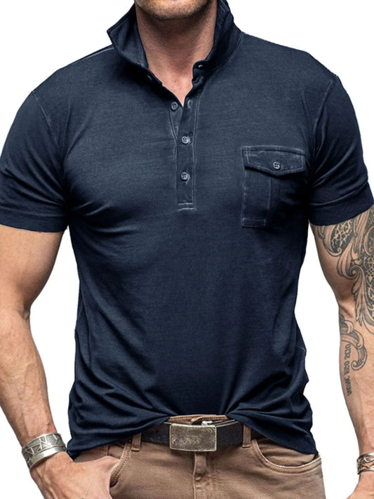 Men's Classic Pocket Polo Shirt with Stand Collar - Navy