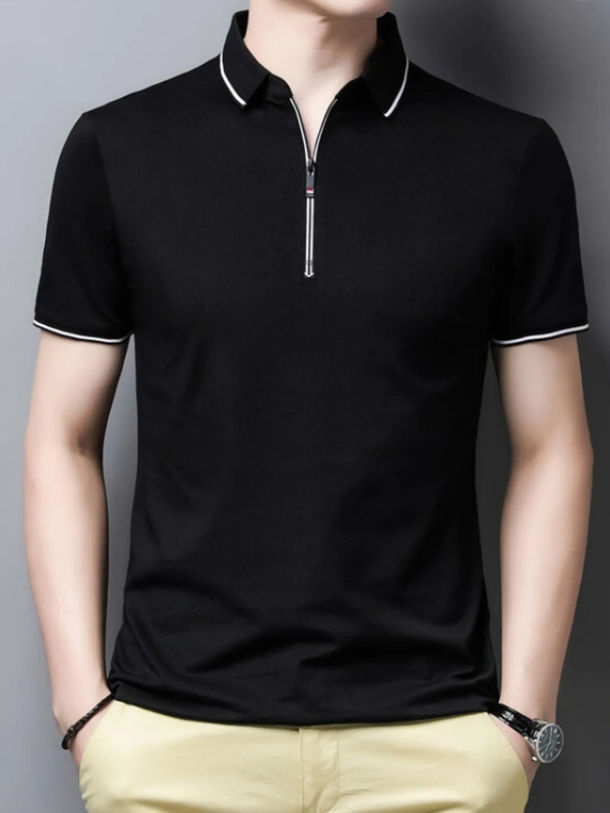 Men's Half-Zip Contrast Trim Polo Shirt - Black