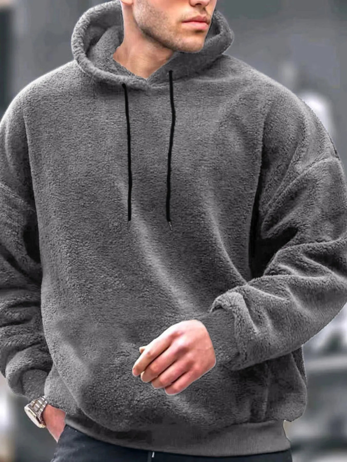 Men's Drawstring Long Sleeve Fleece Hoodie - DCDesigns mens casual hoodie product view