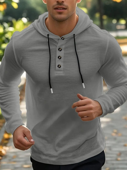 Men's Full Size Drawstring Button Detail Long Sleeve Hoodie Plus Size - DCDesigns mens casual hoodie product view