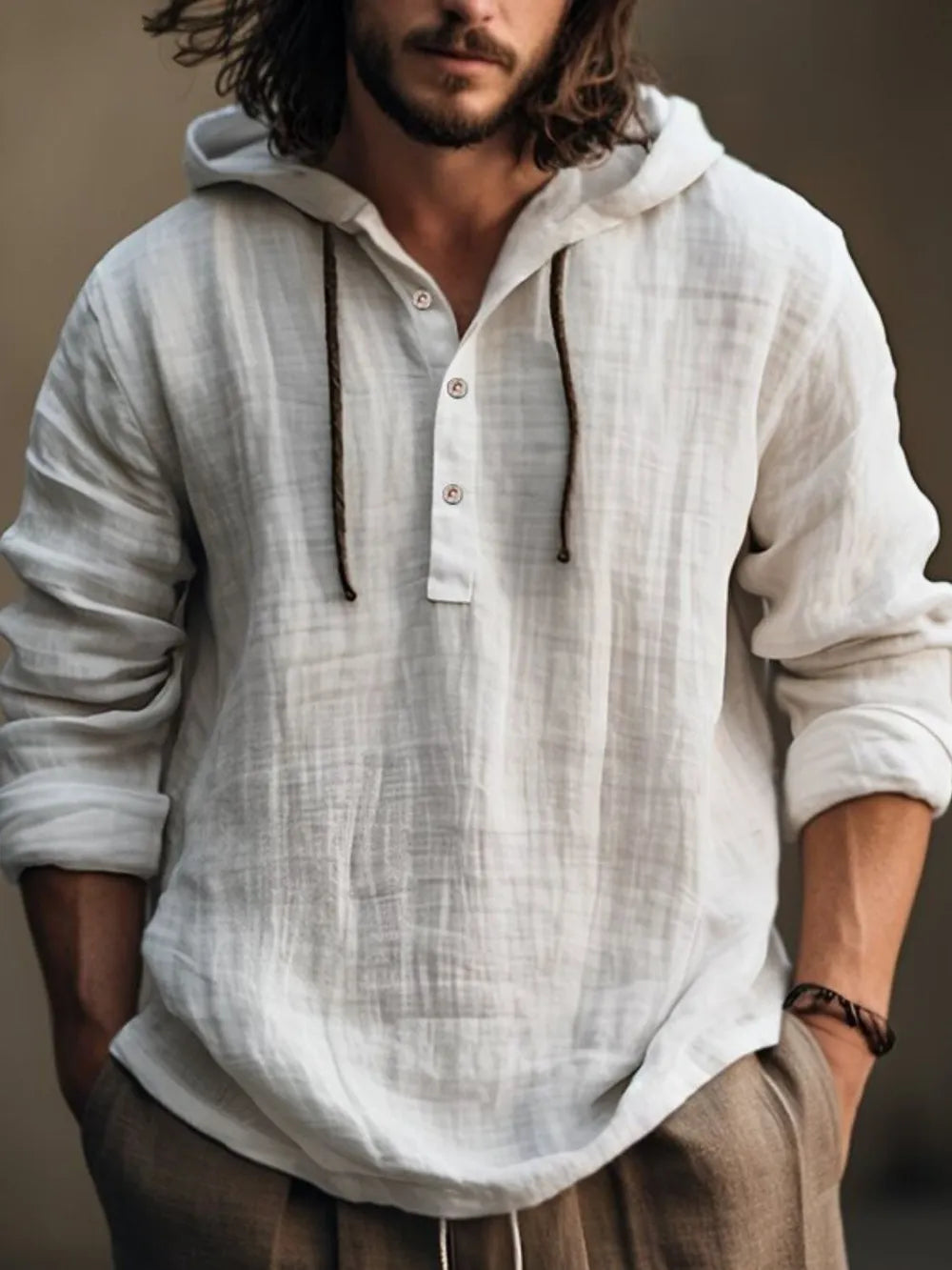 Men's Full Size Half Button Long Sleeve Hoodie - DCDesigns mens casual hoodie product view