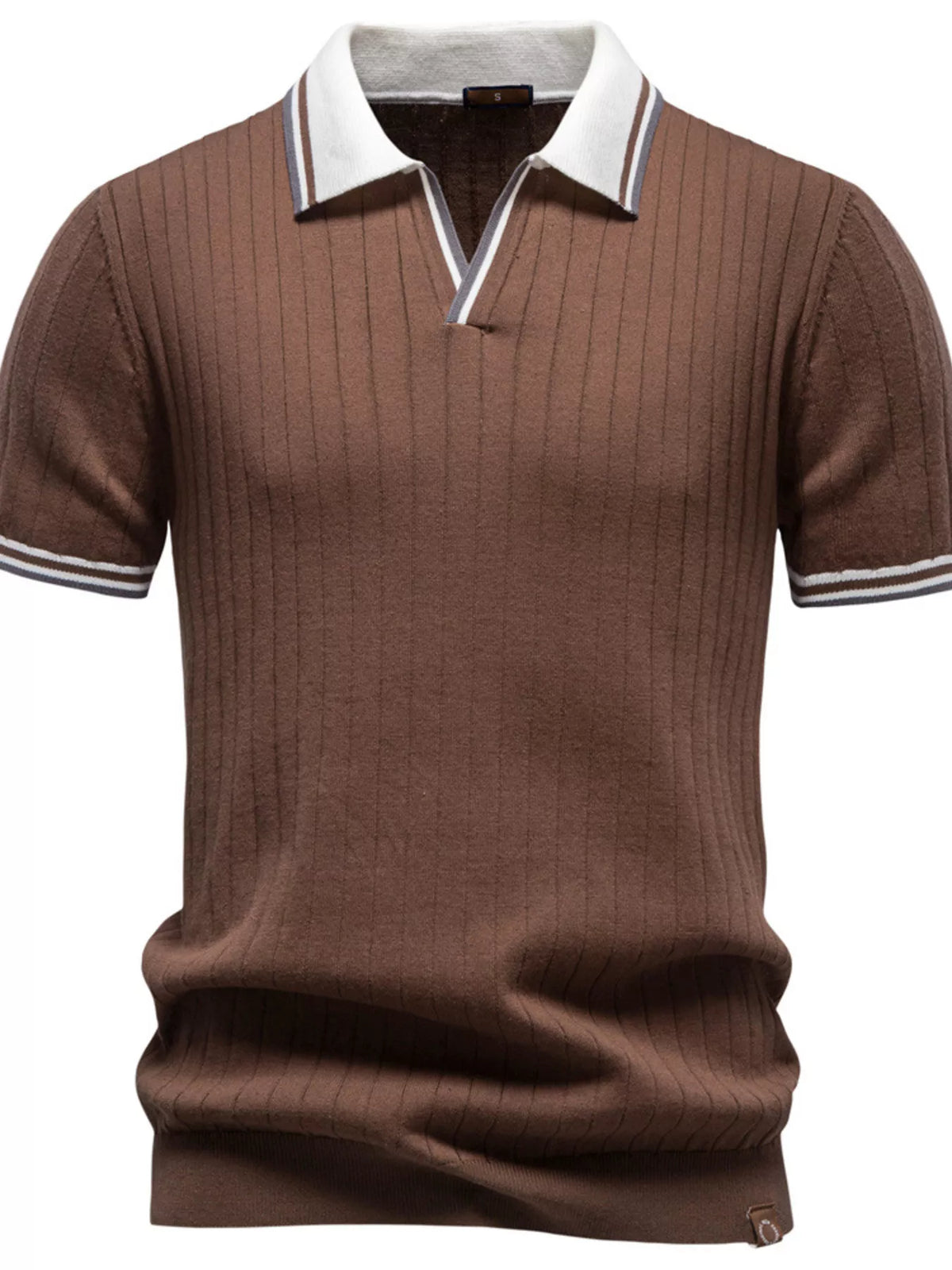 Men's Classic Ribbed Knit Short Sleeve Polo Shirt - Coffee