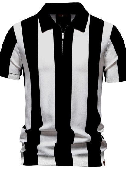 Men's Classic Striped Zip Collar Polo Shirt - Peacock  Blue