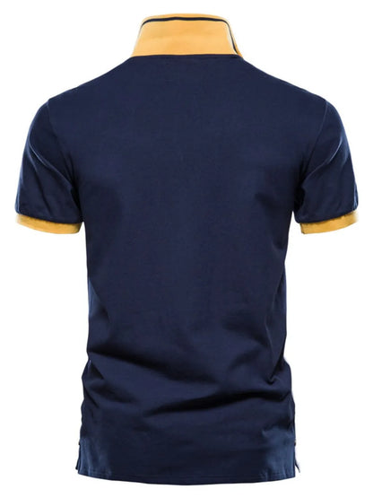 Men's Embroidered Collared Neck Striped Contrast Polo Shirt - Navy