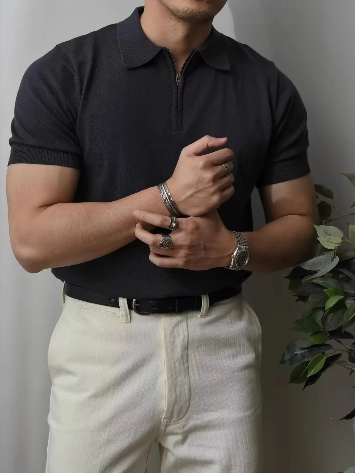 Men's Zip Collar Short Sleeve Polo Shirt - Black