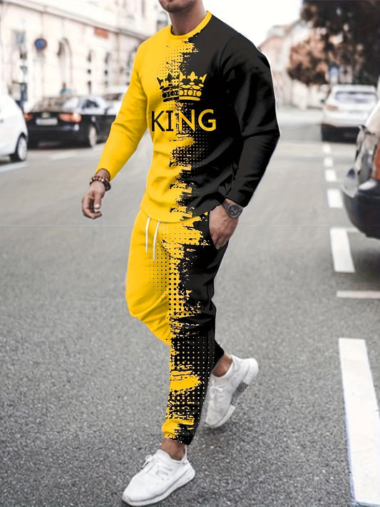 Men's King Crown Pattern Print Fashion Novelty Autumn Pajamas Loungewear Set, Tops Pullovers And Sweatpants Set, Long Sleeve Sweatshirts Jogger Pant 2 Piece Outfits For Men