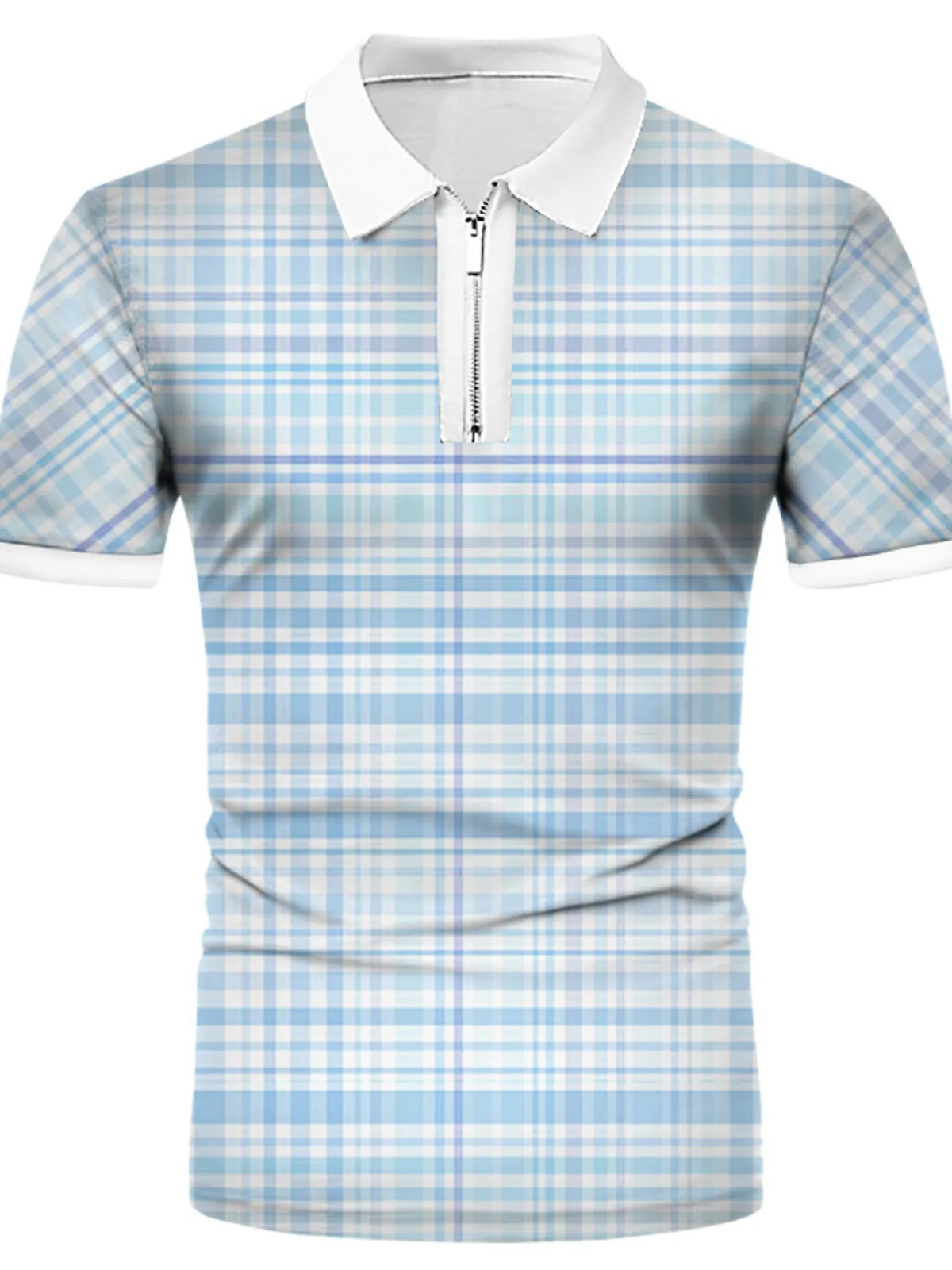 Men's Plaid Quarter Zip Short Sleeve Polo Shirt - Light Blue