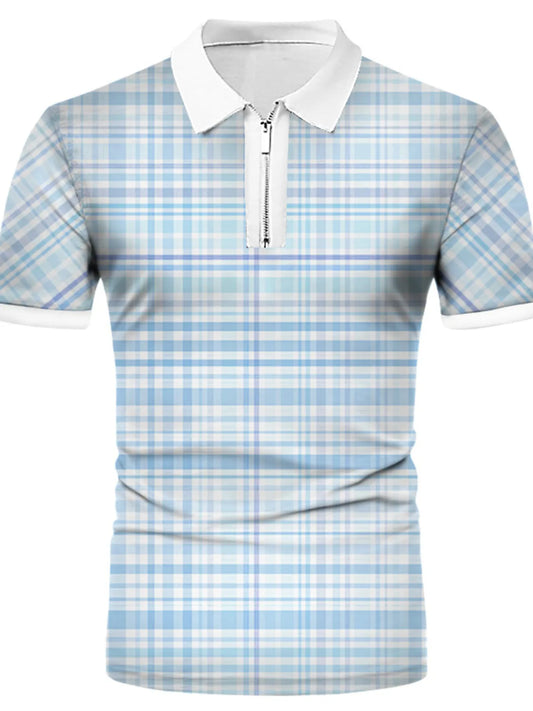 Men's Plaid Quarter Zip Short Sleeve Polo Shirt - Light Blue