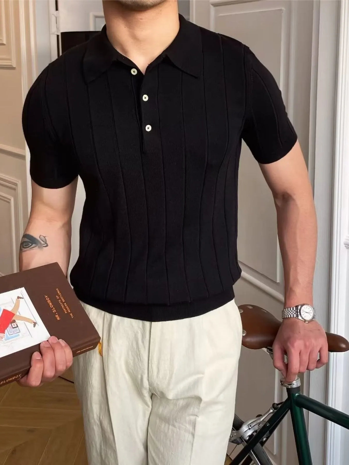 Men's Slim Fit Knitted Polo Shirt - Black