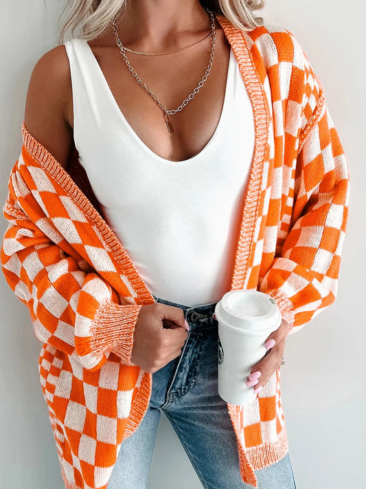 Checkered Open-Front Longline Cardigan | DCDesigns