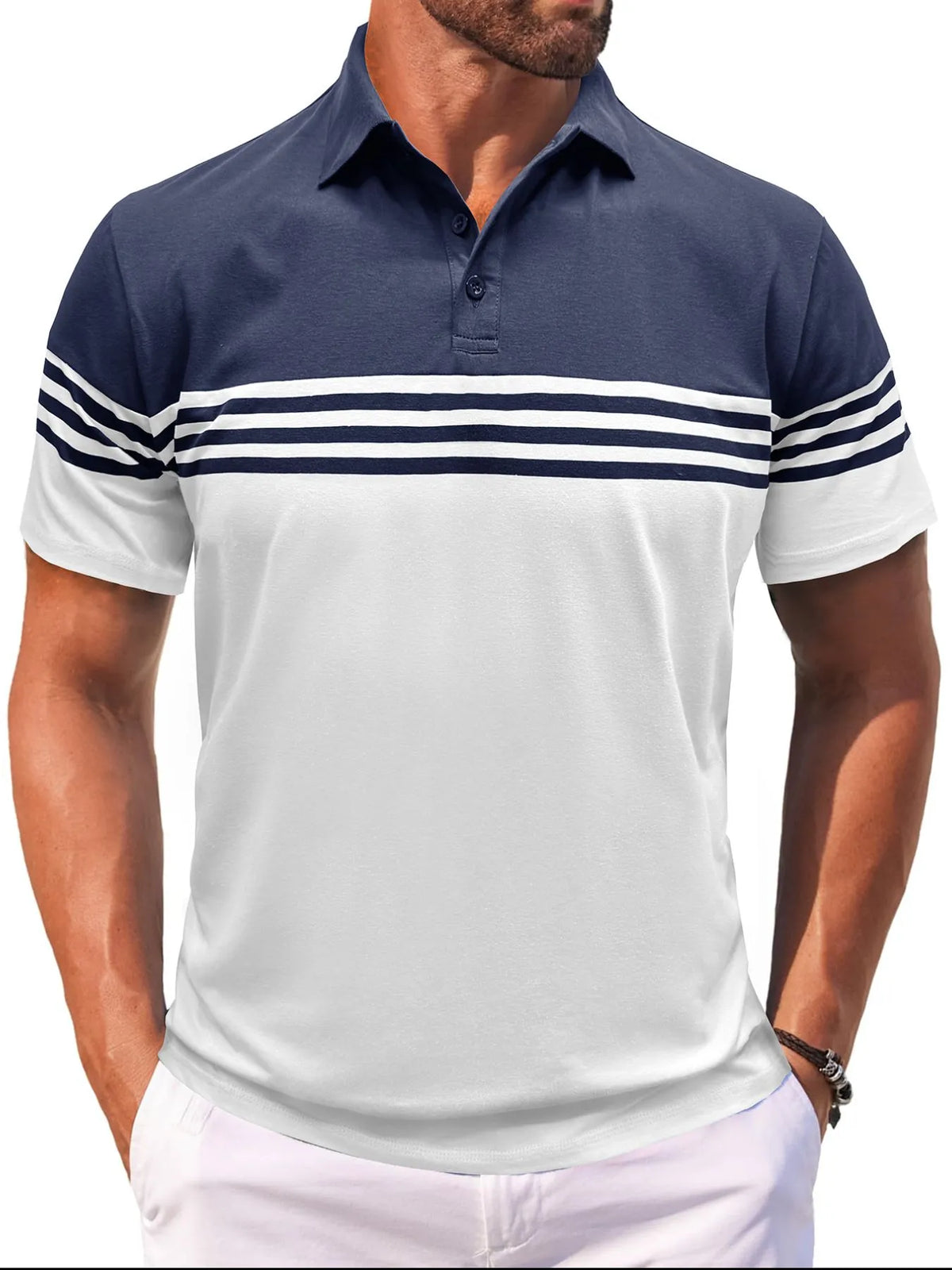 Men's Color Block Striped Polo Shirt - Dark Gray