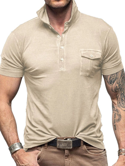 Men's Classic Pocket Polo Shirt with Stand Collar - Gray