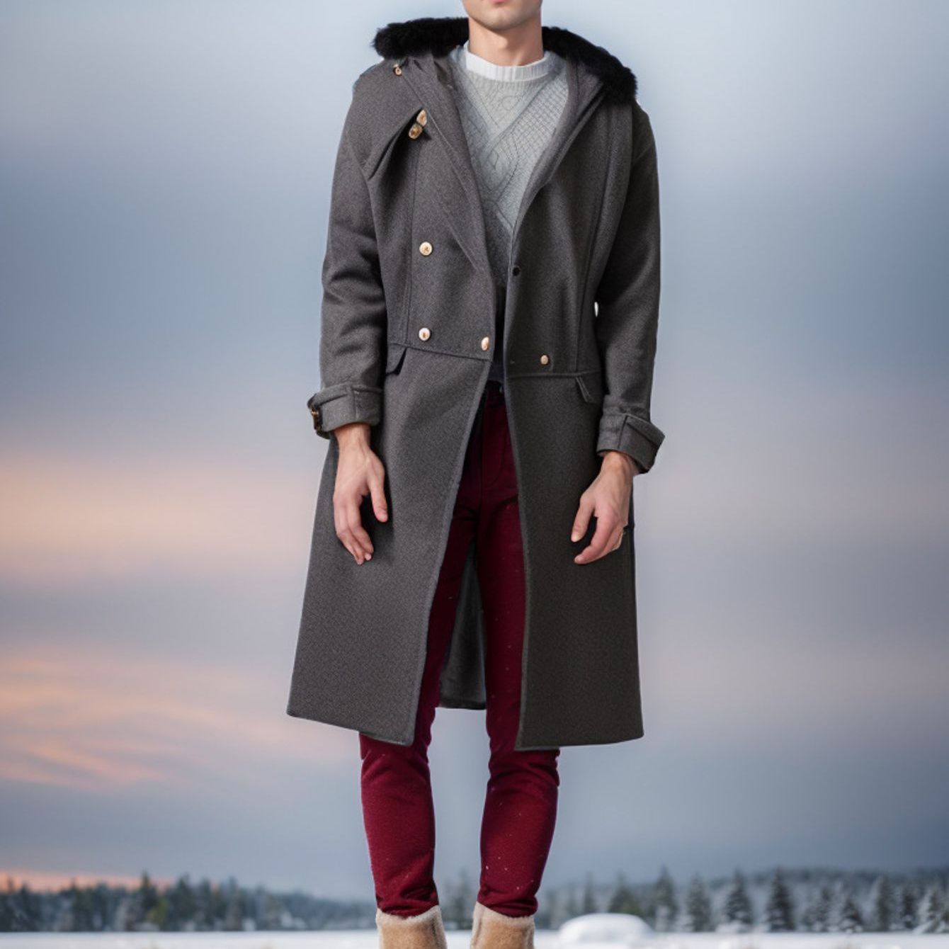 Men's Winter-Ready Slim-Fit Long Lapel Trench Coat with Plush Collar & Belt - Double-Breasted Notched Jacket, Golden-Tone Buttons, Heavy-Duty Cold Weather Outerwear for Formal & Casual (Maroon/Black) - Hand Wash/Dry Clean, Co