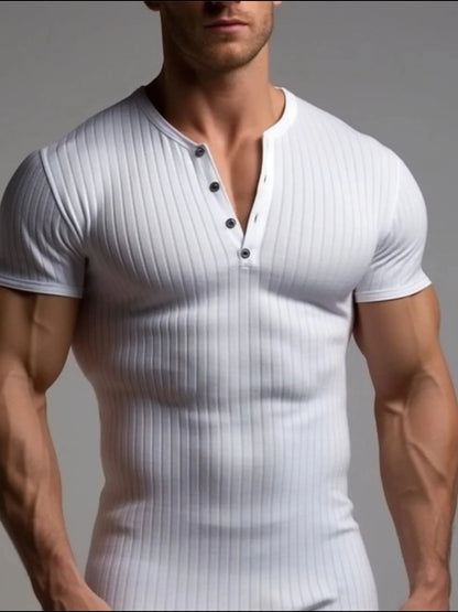 Men's Slim Fit Ribbed Henley Polo Shirt - White
