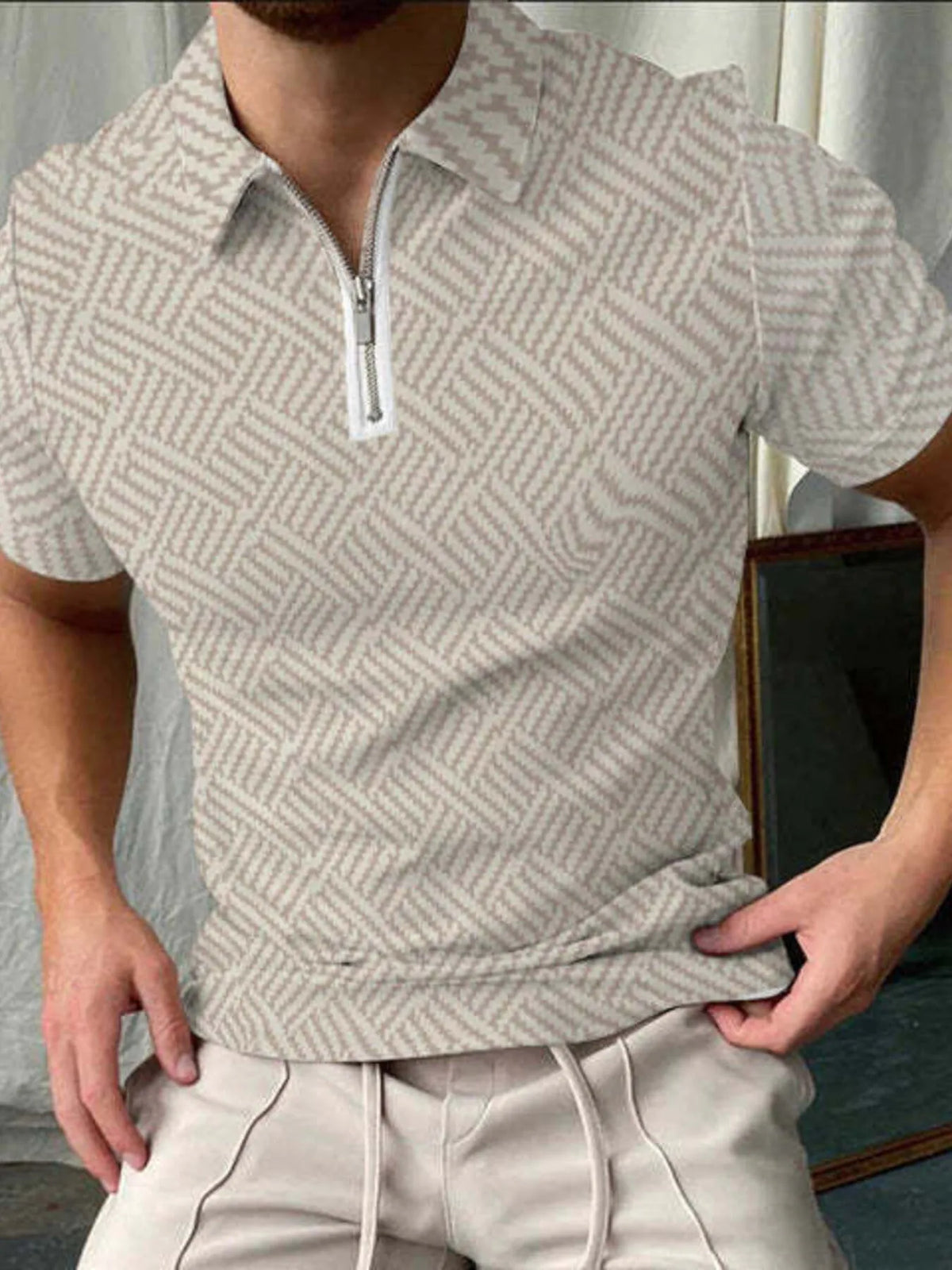 Men's Contrast Stripe Zipper Polo Shirt - White