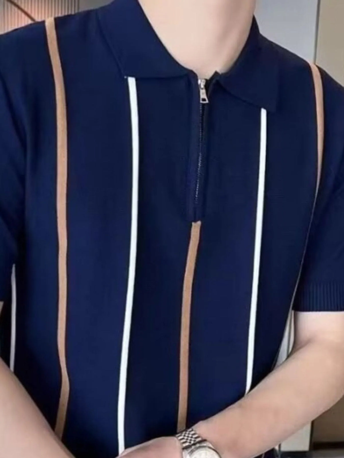 Men's Striped Zip Collar Short Sleeve Knit Polo Shirt - Blue