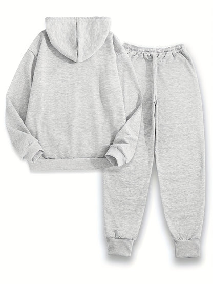 Women's Polyester Two-Piece Tracksuit - Hooded Long Sleeve Alphabet Print Hoodie and Pants Set with Pockets - Casual Knit Fabric - Autumn/Winter Outfit - For Women - Perfect for Casual Wear, Loungewear, and Running Errands -